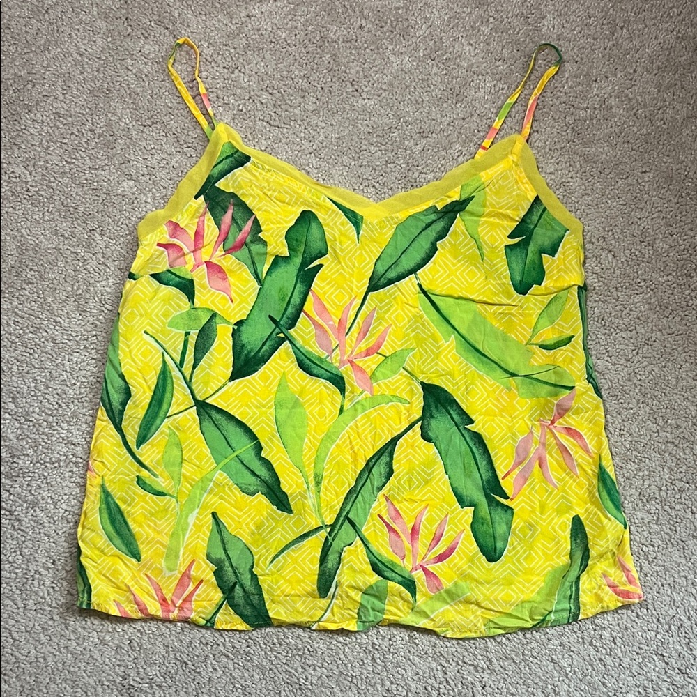 A New Day Yellow Camisole with Green and Pink Leaf Pattern